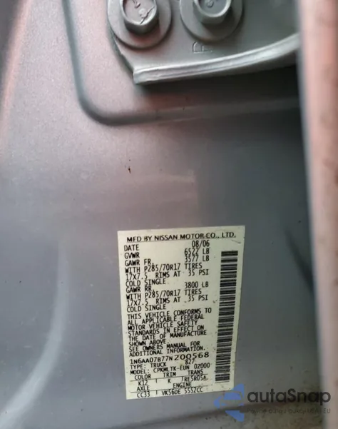 2007 Nissan Titan Xe z USA, uszkodzony, nr VIN 1N6AA07B77N200568